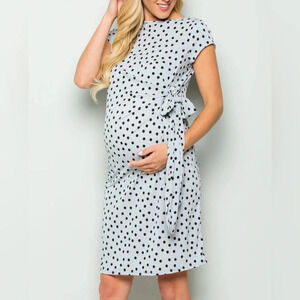 🌻 My Bump Cassie Polka Dot Bow Tie Midi Dress size Small Blue Black Maternity